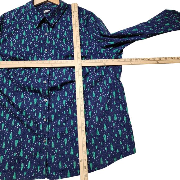 Lands End Womens No Iron Supima Shirt 24W Blue Christmas Green Trees Pattern - Picture 6 of 8